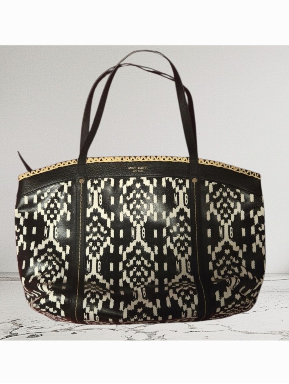 Henri Bendel Black & White Print Patterned Large Tote Bag With Straw Top